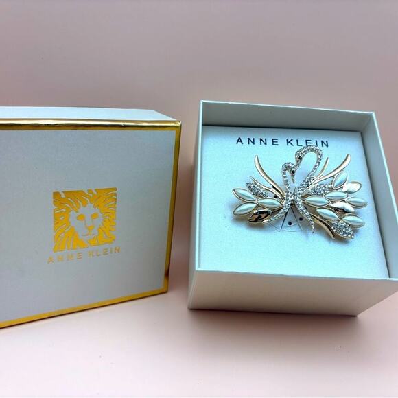 Anne Klein Jewelry - Anne Klein Swan Brooch Pin Rose Gold Tone Crystal Mother-of-Pearl Boxed New